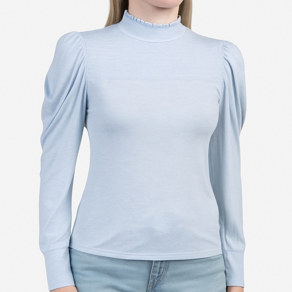 7 For All Mankind Tops - 7 For All Mankind Light Blue Smocked Puff Sleeve Mockneck Top XS